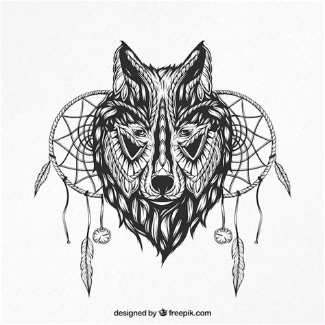 Illustration Of A Wolf With Dream Catchers Free Vector