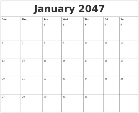 January 2047 Printable Calendar Templates