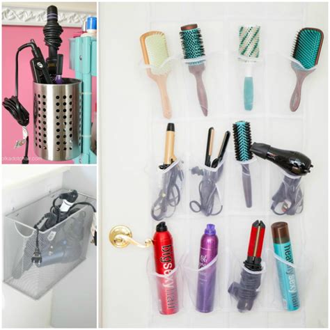 Hairstyling tools may include hair irons (including flat and curling irons), hair dryers, hairbrushes (both flat and round), hair rollers, diffusers and various types of scissors. 16 Clever Ways to Organize Hair Styling Tools