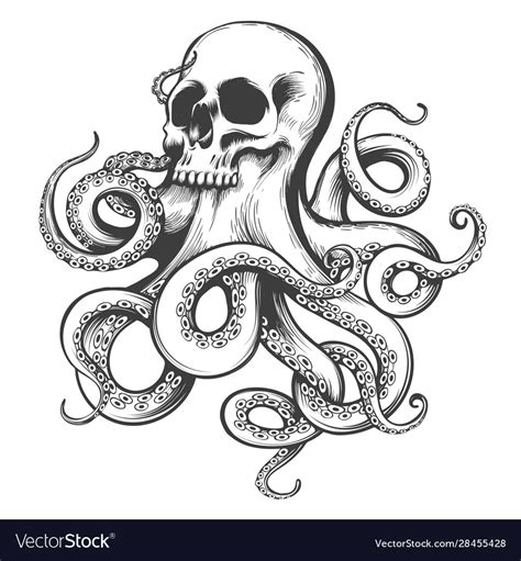 Hand Drawn Tattoo Skull With Octopus Tentacles Vector Image