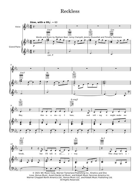 Reckless Sheet Music For Piano Vocals By Madison Beer Music Notes By