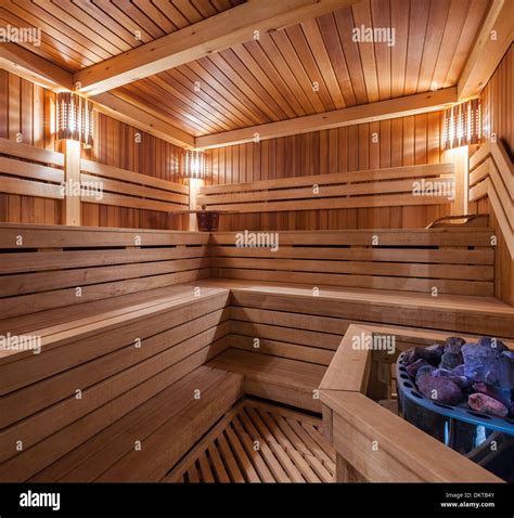 Interior Of A Wooden Sauna Stock Photo Alamy