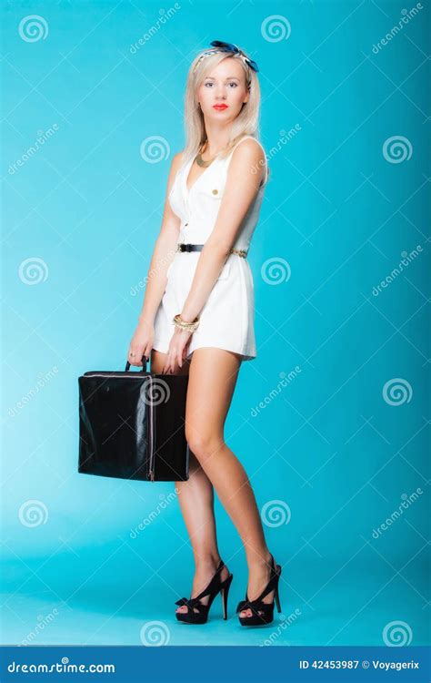 traveling woman with luggage girl holding travel bag stock image image of vacation tourism