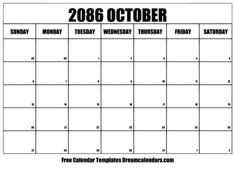 October 2086 Calendar Free Blank Printable With Holidays