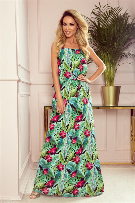 294 2 A Long Summer Dress With Straps Green Leaves And Pink Flowers