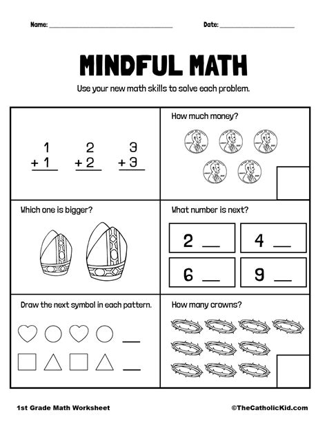 Math Printout 1st Grade Math Worksheet Catholic Themed