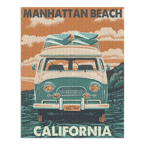 Manhattan Beach California Letterpress Camper Van 1000 Piece Puzzle