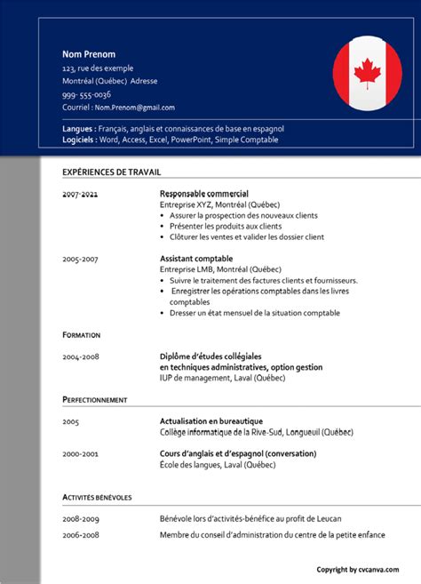 CV Canadien Gratuit 2023  Modèle de CV Français en format Word