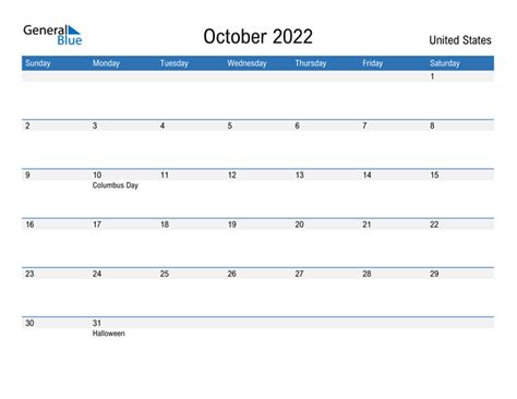 United States October 2022 Calendar With Holidays