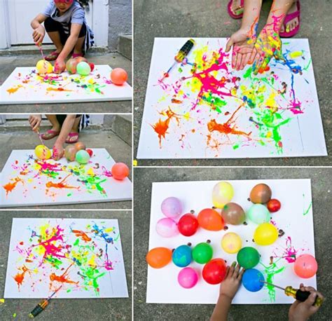 Balloon Splatter Painting With Tools Fun Outdoor Art Project For Kids