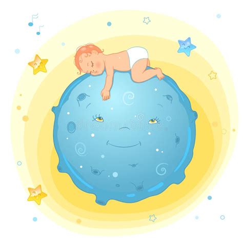 Vector Illustration Of A Baby Sleeping On The Moon Realistic Cartoon
