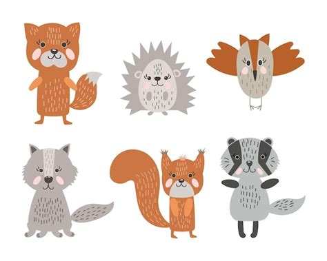 Premium Vector Set Of Cute Forest Animals Characters In Doodle Style