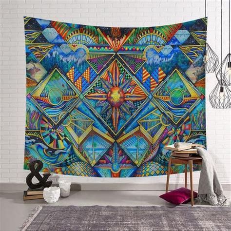 Photographic like image of a mother bear and her cubs they are surrounded by a border of lodge images like caribou horns and a bark frame. Psychedelic Tapestry with Abstract Color and Form Details ...