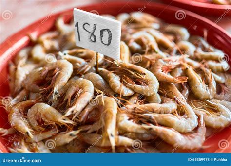 Seafood Fresh Caught Shrimps Prawns At Farmers Market Heal Stock