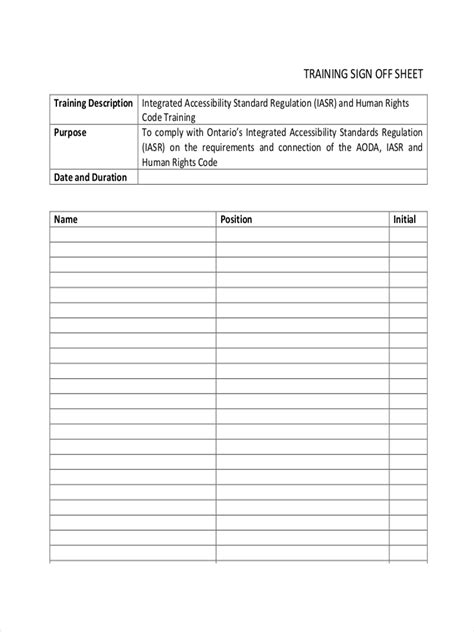 Editable Free Training Sign Off Sheet Template Fillable Printable My