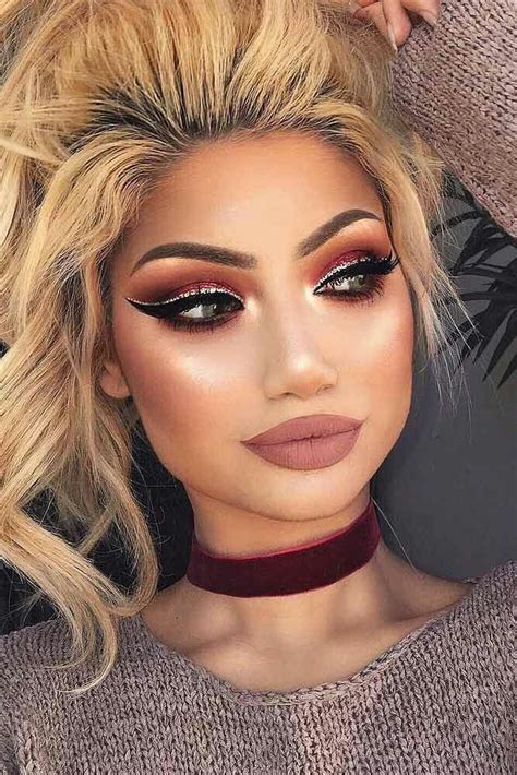 Nude Lipstick Dark And Light Brown And Black Eye Shadow And Glitter Eye Liner Glam Makeup Cute