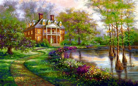 Download Tree Flower Mansion Manor Pond Cottage Artistic Painting Hd