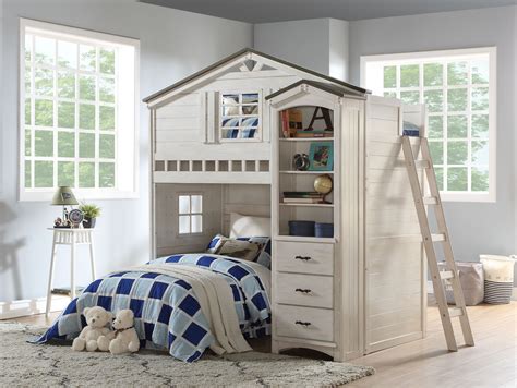 Acme Tree House Loft Bed In Weathered White And Washed