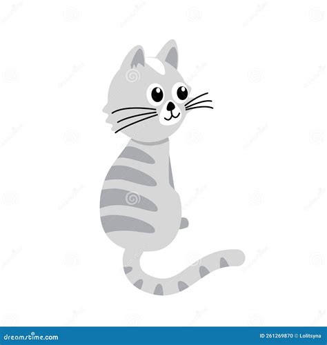 Grey Tabby Kitty Sits With Its Back Cat Kitten Flat Cartoon Vector