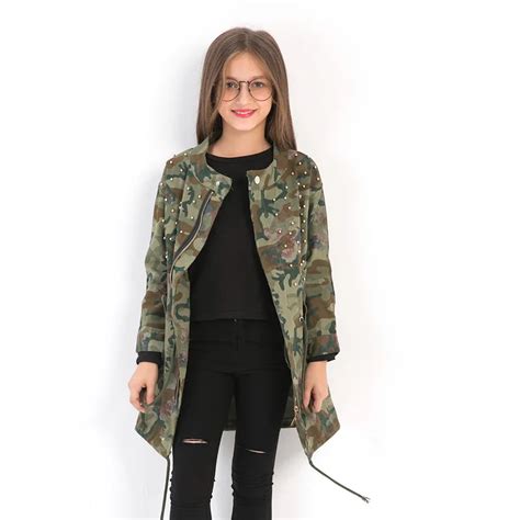 Teen Girls Children Coats Long Camouflage Windbreaker Jacket Rivets