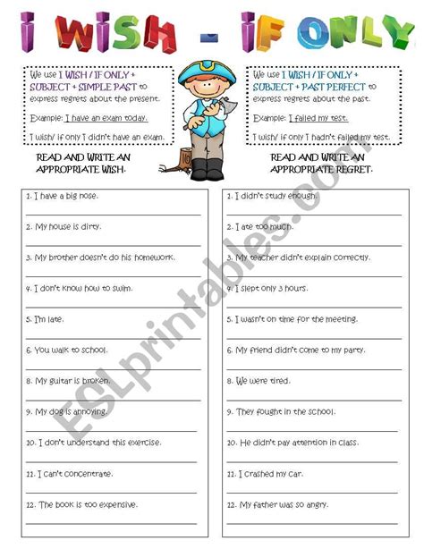 English Worksheets I Wish If Only Wishes And Regrets