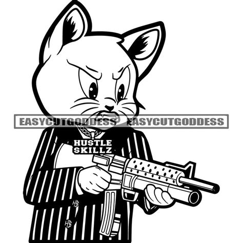 Black And White Gangster Cat Holding Gun Design Element Wearing Busine