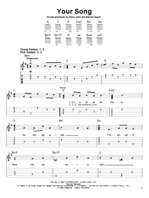 Your Song By Elton John Easy Guitar Tab Guitar Instructor