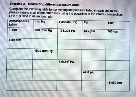 Solved Exercise A Converting Different Pressure Units Complete The