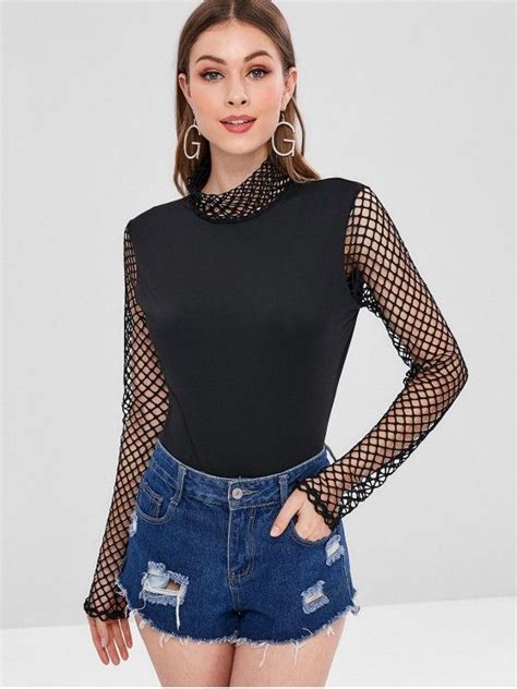 21 Off 2020 Mock Neck Mesh Panel Bodysuit In Black Zaful