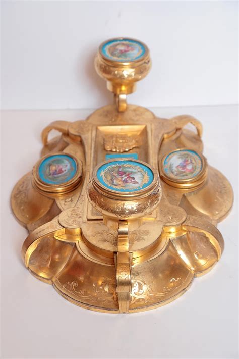 Belle Époque Gilt Bronze Inkwell With Sevres Porcelain Plaques In