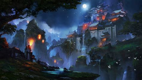 Wallpaper Chinese Landscape Houses Moon Night