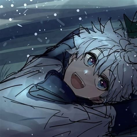 An Anime Character Laying Down In The Snow With His Head On His Chest