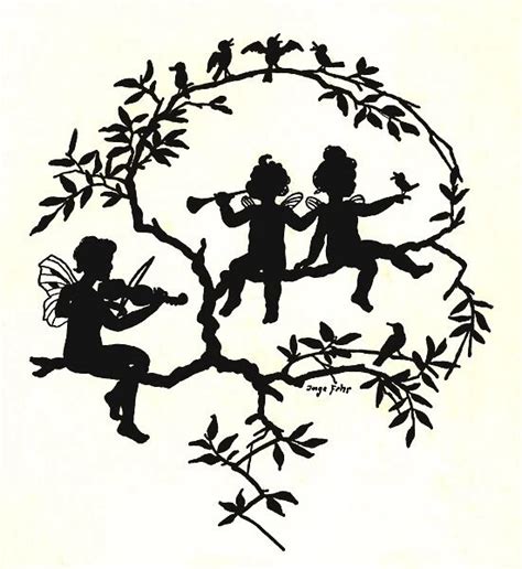 Silhouette Of Fairies And Birds On A Tree Branch Available As Framed