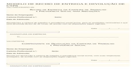 Docx Modelo De Recibo De Entrega E DevoluÇÃo De Ctps Documentonl