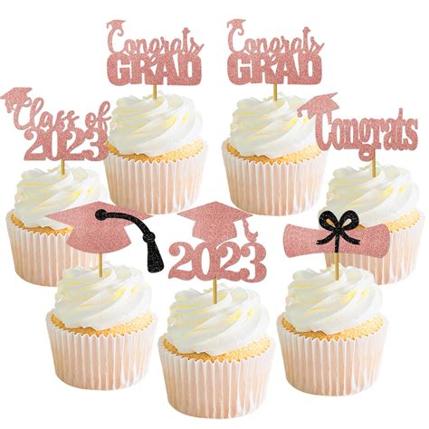 Buy Rose Gold Graduation Cupcake Toppers 2023 Graduation Picks Graduation Hat Cupcake Toppers