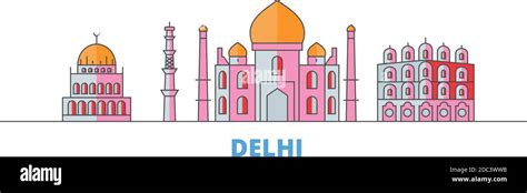 India Delhi City Line Cityscape Flat Vector Travel City Landmark