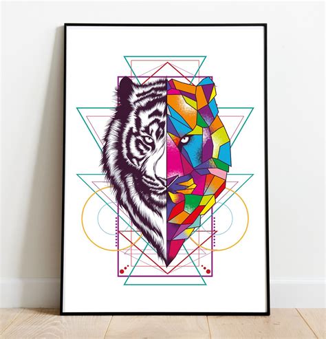 Geometric Tiger Face Vibrant Colour Original Wall Poster Print Etsy