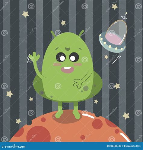 A Cute Happy Alien With Ufo From Space Isolated Vector Illustration