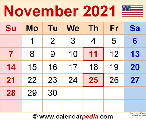 November 2021 Calendar Templates For Word Excel And Pdf