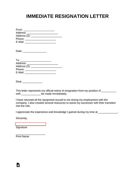 free immediate letter of resignation templates and samples word pdf eforms