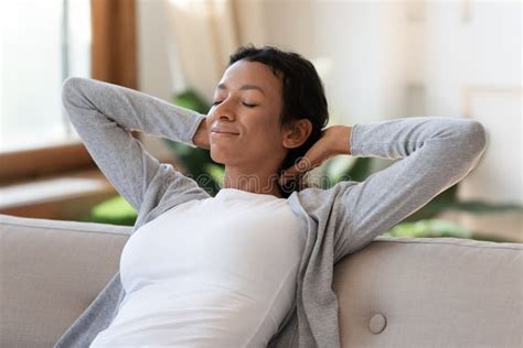 Calm Biracial Woman Relax On Couch Sleeping Stock Image Image Of Living Fresh 203601265