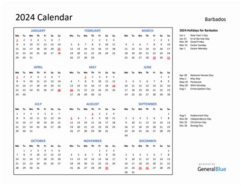 2024 Calendar With Holidays For Barbados