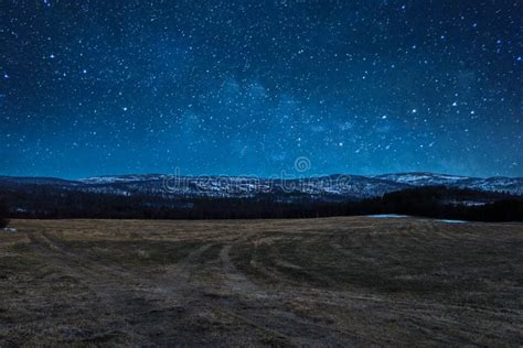 Night View Of The Field With Mountains On The Starry Sky Fotne Murmansk