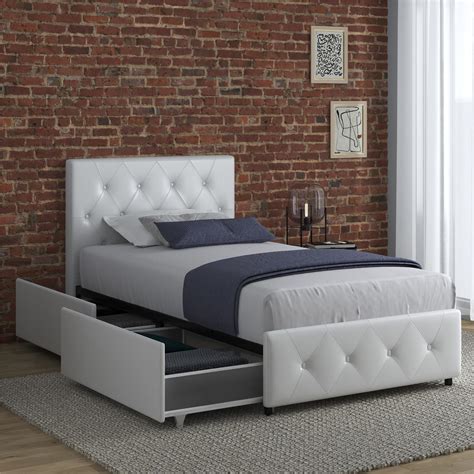 Dhp Dakota Upholstered Bed With Storage Drawers White Faux Leather T