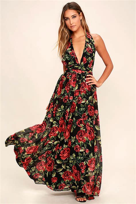 Sexy Black Floral Print Dress Halter Dress Maxi Dress 8900 Lulus