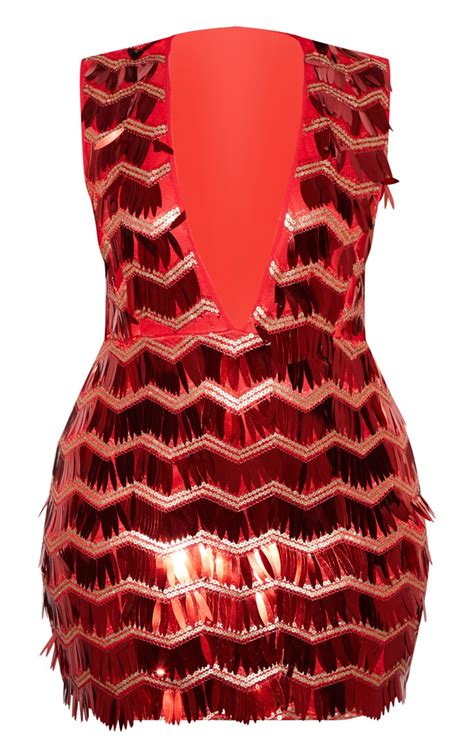 Plus Red Sequin Tassel Sleeveless Plunge Bodycon Dress Prettylittlething