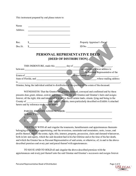 Florida Personal Representatives Deed Of Distribution Personal