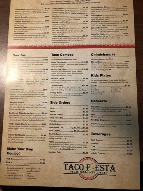 Menu At Taco Fiesta Mexican Kitchen Restaurant Horse Shoe