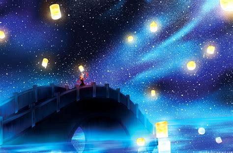 Download 2363x1553 Anime Landscape Lantern Stars Bridge