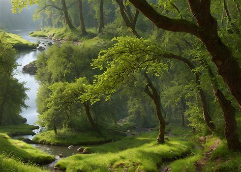 Small River Flows Through The Green Forest Background River Nature